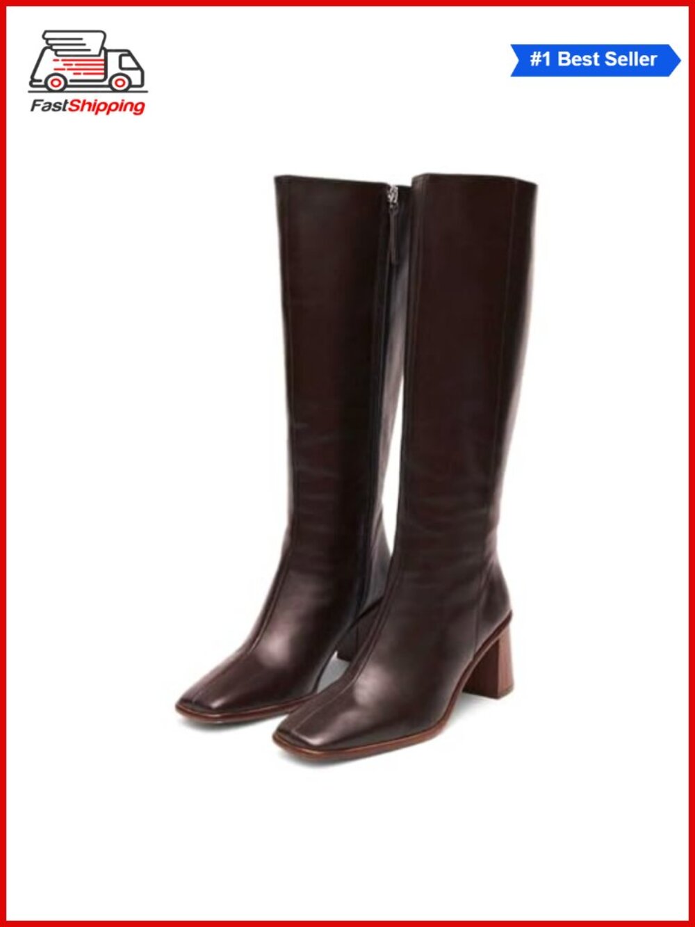 Faux Leather Knee High Boots Chunky Block Heel Square Toe Tall Side Zip